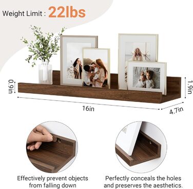 Настінна полиця, комплект з 2 шт. , 40 см плаваюча полиця з МДФ, настінна панель для рамок для картин та декору, промисловий дизайн, підходить для кабінету, спальні та кухні (вінтажний коричневий, 40 см) 40 см, комплект з 2 шт. вінтажний коричневий