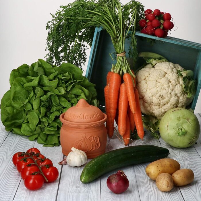 Горщик для часнику MamboCat Terra з теракоти Ø 12,8 см Глиняний горщик з кришкою для вашої кухні Гарної форми контейнер для зберігання з рельєфним малюнком та написами Ідеально підходить для тривалого зберігання