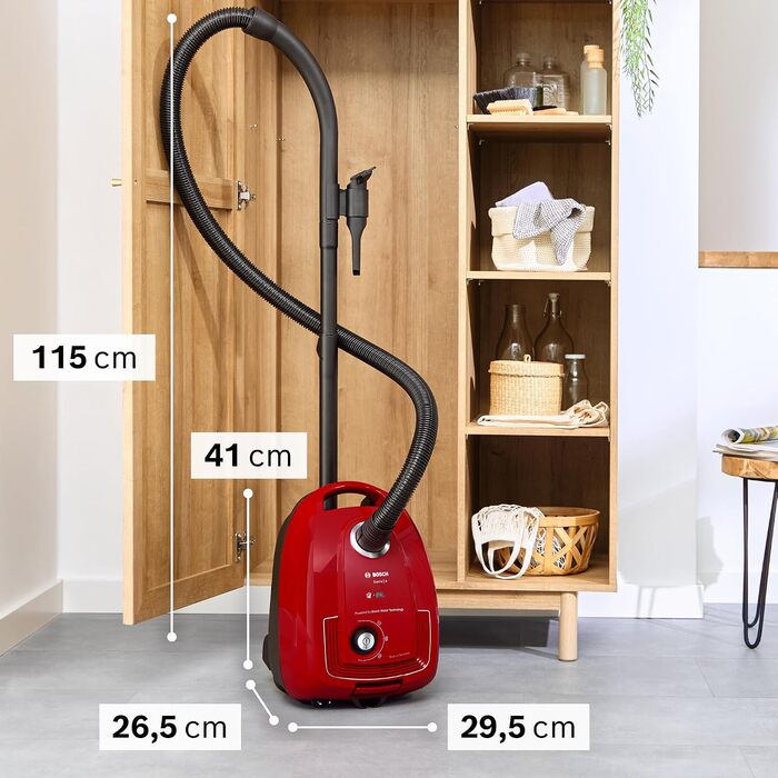 Пилосос із мішком Bosch Serie 4 BGD38RD1H, 600 Вт, червоний висока потужність всмоктування, гігієнічний фільтр, насадка для паркету та щілин, гарантія на двигун 10 років