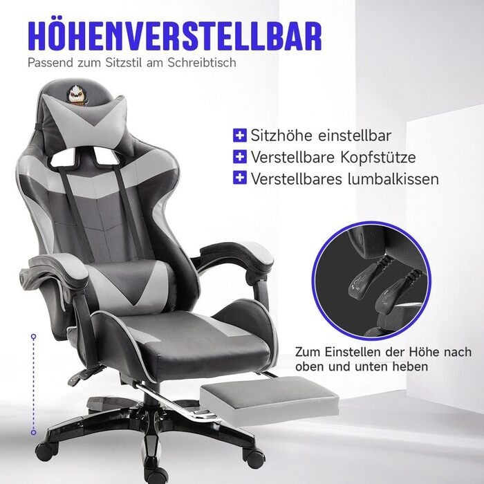 Ергономічне ігрове крісло, офісне крісло, регульоване по висоті, комп&39ютерне крісло зі штучної шкіри, з підголівником та поперековою опорою, поворот на 360 (сіре)
