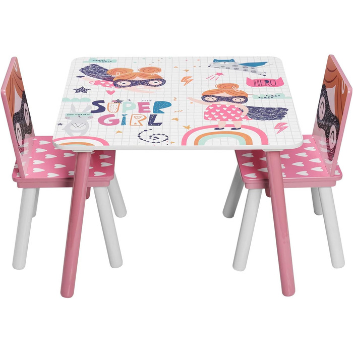 Дитячий комплект меблів EUGAD 1 дитячий стіл та 2 дитячі стільці, 3-предметний дитячий комплект меблів з масиву МДФ, рожевий