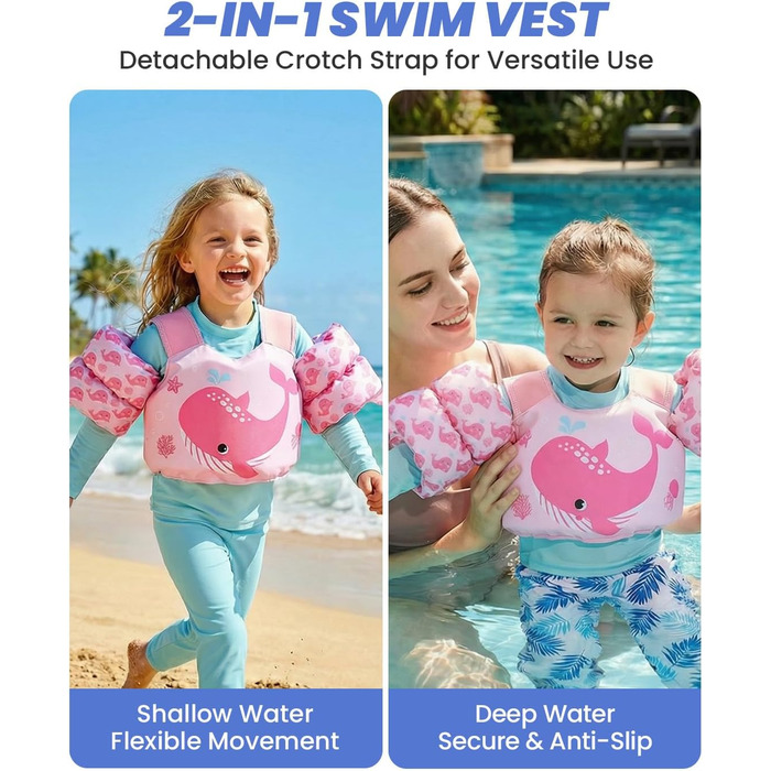 Дитячий плавальний жилет Gogokids з крильцями для плавання для дітей віком 15-30 кг, сертифікований засіб для плавання EN 13138-1 для дітей віком 2-6 років, плавальна локшина для малюків з крильцями для басейну, пляжу та плавання, світло-рожевий