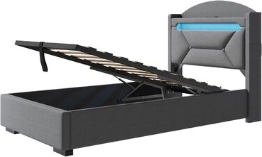 М&39яке односпальне ліжко 90x200 см зі світлодіодним освітленням, портом USB-C, гідравлічним ліжком, дитяче ліжко з місцем для зберігання та узголів&39ям, каркас ліжка з металевим каркасом, коробкою для зберігання та рейковою основою, лляне, сіре, без мат