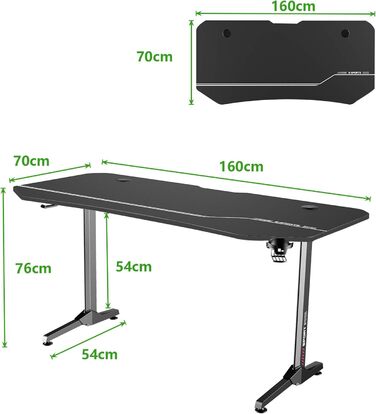 Ігровий стіл Т-подібної форми, великий ігровий комп&39ютерний стіл, робочий стіл з килимком для миші, підставкою для склянок та гачком для навушників, 160x70x75 см, чорний BHEU-NE-1675