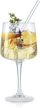 Келихи TURM GIN Copa з логотипом 2 декоративні келихи у безпомилковому дизайні TURM GIN З емблемою на келиху та непомітним написом девізу на скляній основі Можна мити в посудомийній машині 720 мл на келих.