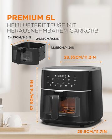 Аерофритюрниця Tomons 6 л, фритюрниця Фритюрниця з гарячим повітрям Фритюрниця з оглядовим вікном Цифровий світлодіодний сенсорний екран, програми 8 в 1 фритюрниця, регульований контроль температури