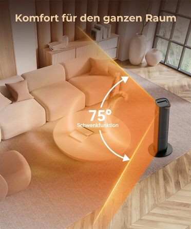 Енергозберігаючий електричний нагрівач, керамічний нагрівач PTC потужністю 2000 Вт, коливальний електричний нагрівач 75 з термостатом, тихий електричний нагрівач, 3 режими, 24-годинний таймер, захист від перегріву та перекидання