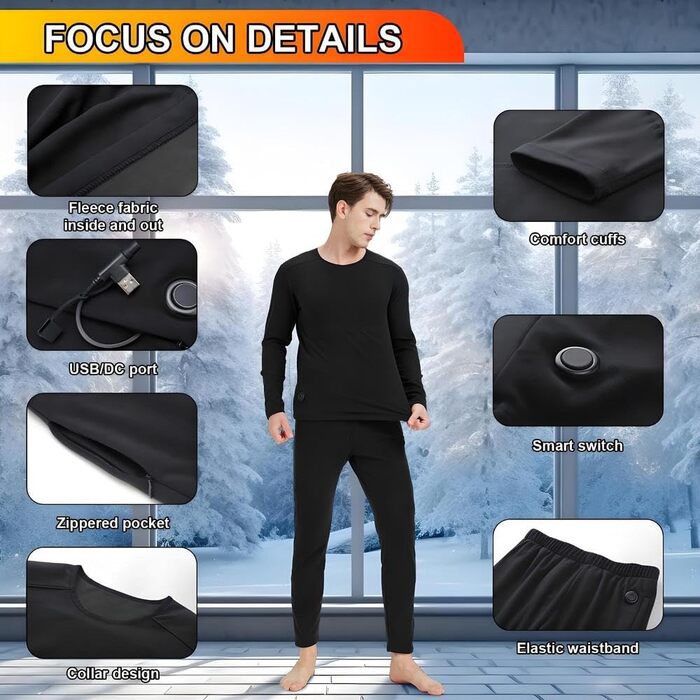 Комплект спідньої білизни з підігрівом для чоловіків та жінок, зарядка через USB, 42 зони, інтелектуальний підігрів верху та низу, розміри S/4XL, чоловіча спідня білизна з підігрівом на 42 зони, чорний колір, розмір 4XL