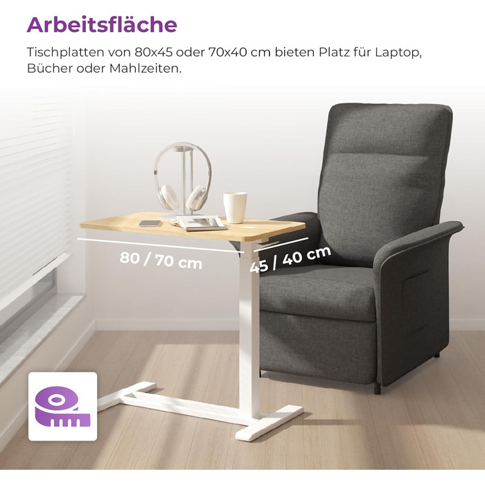 Бічний столик Spacetronik з регульованою висотою, мобільний журнальний столик з прихованими колесами, столик для ноутбука з ручним регулюванням висоти 66106 см, тумбочка для дивана, ліжко (білий/дерево, 80x45 см) білий/дерево 80x45 см