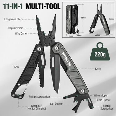Багатофункціональні плоскогубці WORKPRO 11 в 1 складаний багатофункціональний інструмент з нержавіючої сталі з карабіном гострогуб