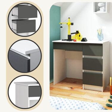 Письмовий стіл AKORD A7 90 см 4 шухляди правий Комп&39ютерний стіл Для дому Для офісу Для роботи Ш 90 x В 77 x Г 50 см Вага 30,50 кг Біла/графітово-сіра ламінована стільниця, біло-графітово-сіра передня панель