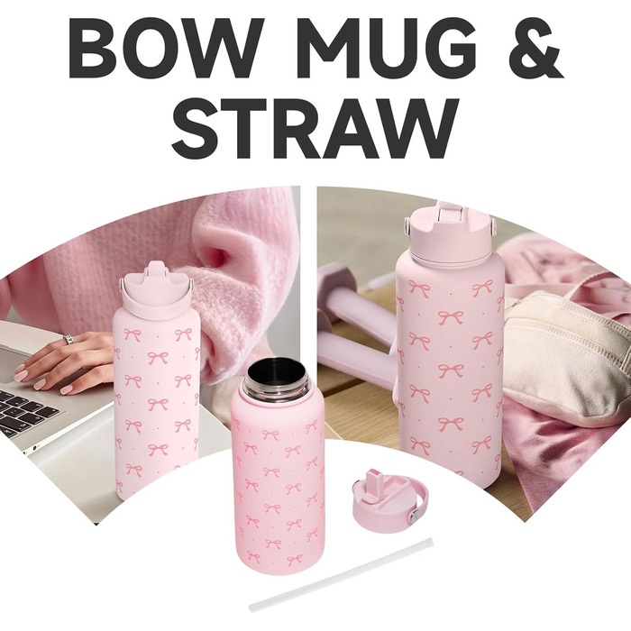 Термос з бантом, ізольована пляшка для води з нержавіючої сталі об&39ємом 32 унції, рожевий термос для жінок, дівчат, підлітків, подарунок на день народження