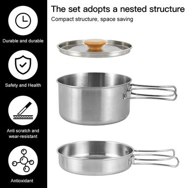 Набір посуду для кемпінгу з нержавіючої сталі каструля з кришкою та складаною ручкою, портативний посуд для туризму, походів, риболовлі та пікніків