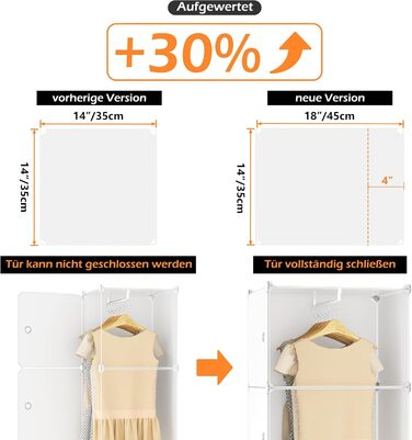 Шафа HOMIDEC, Портативна система полиць, Пластикова шафа на 20 кубів з 2 рейками для одягу, Шафа для спальні, Біла, 180 x 142 x 45 см, 20 кубів, Повністю біла