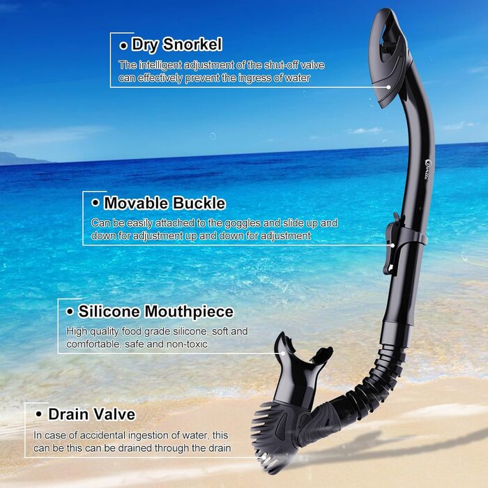 Набір для дорослого підводного плавання з преміальною сухою трубкою та маскою для дайвінгу із загартованого скла, панорамна маска для підводного плавання з кутом огляду 180, захистом від запотівання та протікання, з футляром для перенесення