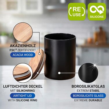 Контейнер для зберігання WENKO Mio, 1,0 л, круглий контейнер з боросилікатного скла з кришкою з акацієвого дерева, герметичне ущільнення завдяки силіконовому кільцю, Ø 11 x 14,5 см, чорний