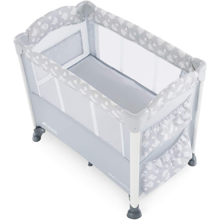 Ліжечко-колиска Hauck Baby Sleep N Care Plus Travel Bed Crib, від народження до 9 кг, з відкидною бічною панеллю, відділенням для зберігання та 2 кишенями, компактно складається, включаючи сумку для перенесення складну основу (Teddy Grey) Sleep N Care Plu