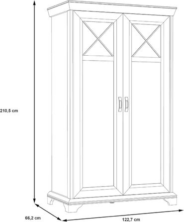 Шафа 120 130, Шафа для спальні, Сільський стиль, 2-дверна шафа з полицями та вішалкою для одягу, Декор дерева Сосна біла, 123 см завширшки x 210 см заввишки x 66 см завглибшки, Сосна біла 66,2 x 123 x 210,3 см, 2-дверна шафа, Одинарна