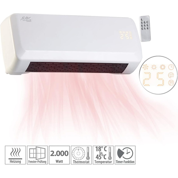 Настінний вентилятор-обігрівач Sichler Household Appliances компактний настінний вентилятор-обігрівач з цифровим термостатом, таймером, 2000 Вт (обігрівач, настінний обігрівач, охолодження)