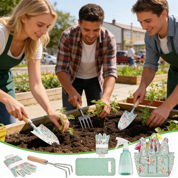 Набір садових інструментів 10 в 1, міцні садові ручні інструменти з нержавіючої сталі з сумкою для зберігання секатор, садова лопатка, рукавички, культиватор та інше. Ідеальний подарунок для садівників (квітковий візерунок)