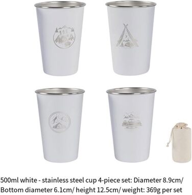 Набір з 4 кемпінгових чашок з нержавіючої сталі об&39ємом 500 мл, для походів та подорожей на природі, нержавіюча сталь 304, штабельовані, легкі, з сумкою для зберігання