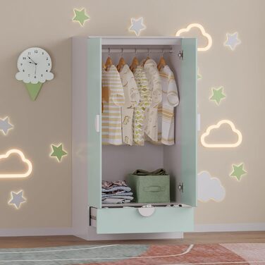 Дитяча шафа Sandnes з 2 дверима та 1 шухлядою, штанга для одягу, дитяча кімната, 123 x 60 x 40 см, м&39ятно-зелений/білий