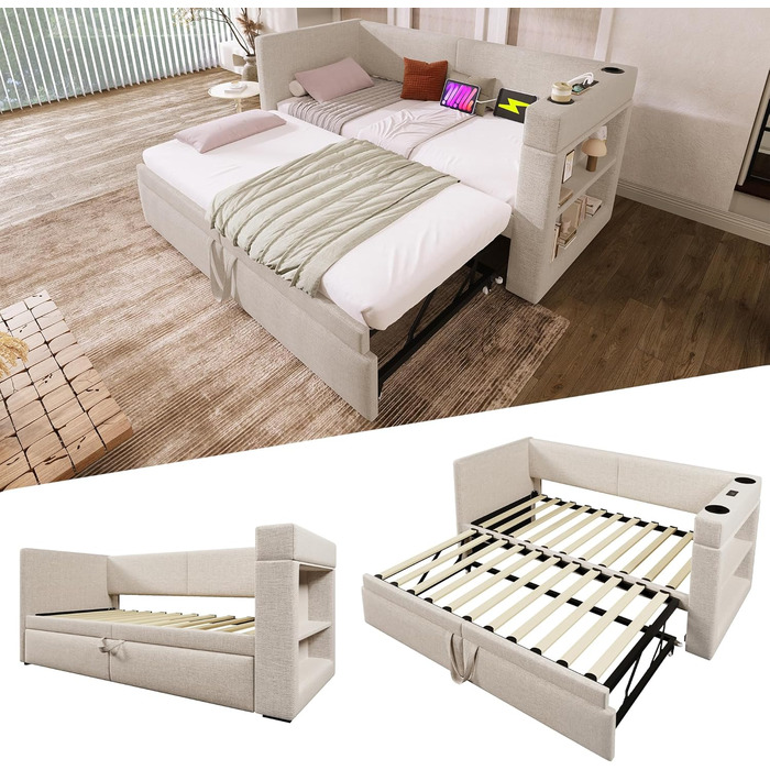 М&39який розкладний диван-ліжко 90/180x200 з USB та портом зарядки Type-C, кушетка з рейковою основою, диван-ліжко, функціональне ліжко, кушетка, без матраца, бежевий бежевий G 90x200