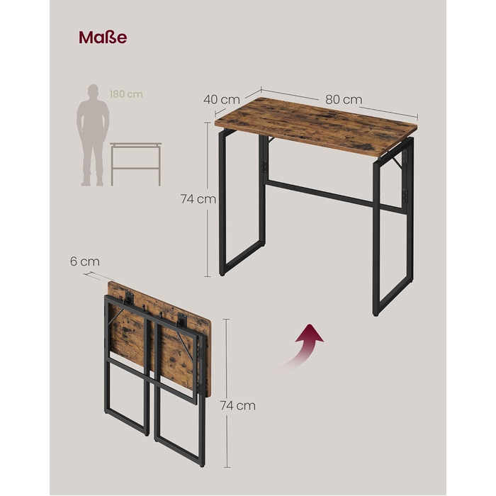 Складаний стіл, Невеликий складаний стіл, Комп&39ютерний стіл, Цільна стільниця, Закруглені кути, Стіл для домашнього офісу, Спальня, 80 x 40 см, Вінтажний коричневий LWD151KD01 80 x 40 см Вінтажний коричневий