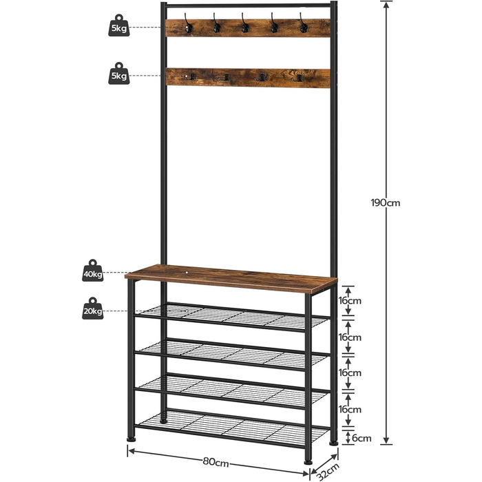 Вішалка для одягу HOOBRO, Вішалка для взуття з шафою, Вішалка для одягу з місцем для зберігання взуття, Шафа для взуття з 5 полицями, для передпокою, Темно-коричневий EBF80MT01G2 80 x 32 x 190 см (Д x Ш x В) Вінтажний коричневий чорний