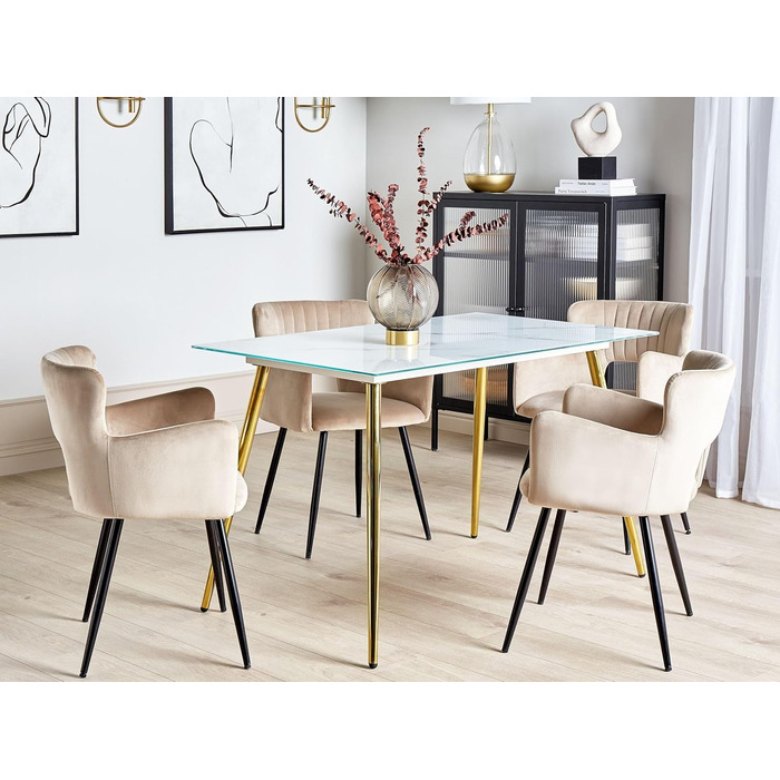 Обідній стіл Beliani із загартованого скла з глянцевою стільницею, мармуровим ефектом та золотими ніжками Mulga.