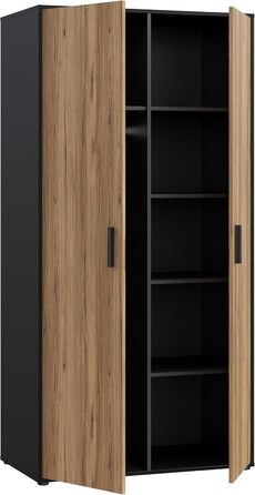 Гардероб Forte Jupiter 95, Шафа в індустріальному стилі з 2 дверима, Інженерна деревина, Декор дуба/Чорний, 94,7 см завширшки, 190,5 см заввишки, 52,7 см завглибшки