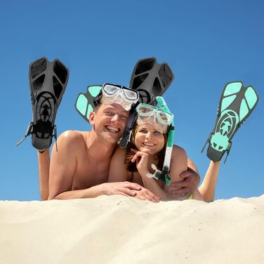 Комплект для дорослого підводного плавання з ластами, маскою для дайвінгу, трубкою сухого типу та сумкою для перенесення, колір аквамариновий, розмір S/M (36-41)