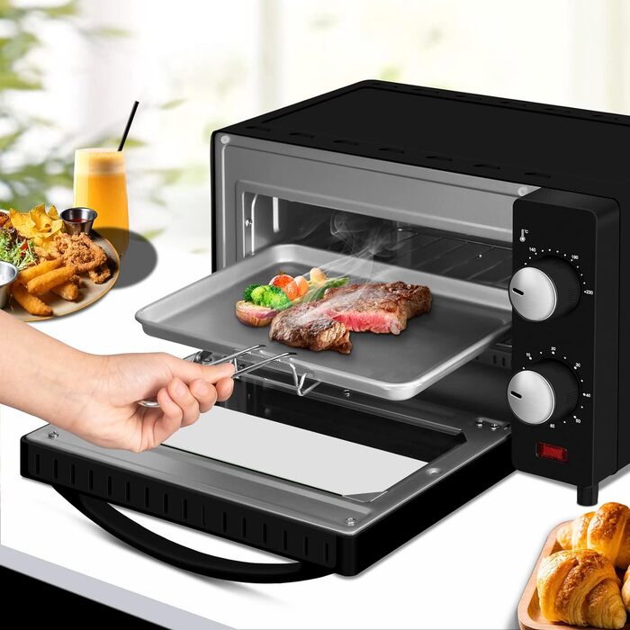 Міні-піч WANNYTON, духовка 10 л, 650 Вт, 100-230 C Таймер 0-60 хв. включно Деко для випікання Ручка для зняття решітки гриля, подвійні скляні дверцята, духовка для піци Торт Хліб, 36,5x22,28,5 см 10 л Чорний