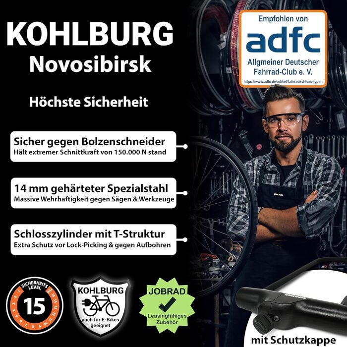 Безпечний U-подібний замок KOHLBURG з найвищим рівнем безпеки 15/15 з кабелем 170 см - великий безпечний U-подібний замок з тримачем для електровелосипедів та велосипедів - високобезпечний велосипедний замок - U Lock Bike
