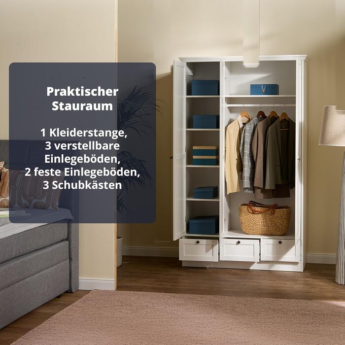 Шафа-купе KHG з орними дверима, біла, 3 двері, 3 шухляди, 1 вішалка для одягу, 5 полиць з регульованою висотою, цоколь, шафа в сільському стилі, 3-дверна