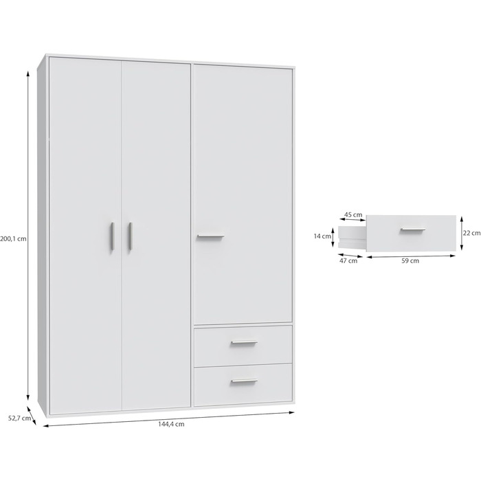Шафа 140 150, біла шафа, шафа з орними дверима, 3 двері, з 2 шухлядами та полицями, біла, 145 см завширшки x 53 см завглибшки x 200 см заввишки. Біла 145 x 200 x 53 см, 3 двері