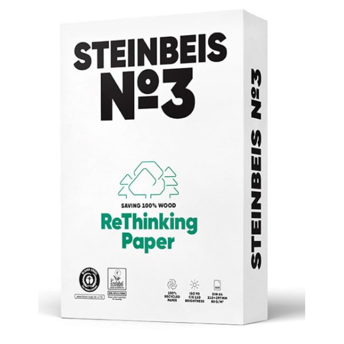 Папір для принтера Steinbeis 3 2500 (5 x 500) аркушів, перероблений папір DIN A3, 80 г/м, білий та без хлору, високоякісний копіювальний папір ISO 90 / CIE 110