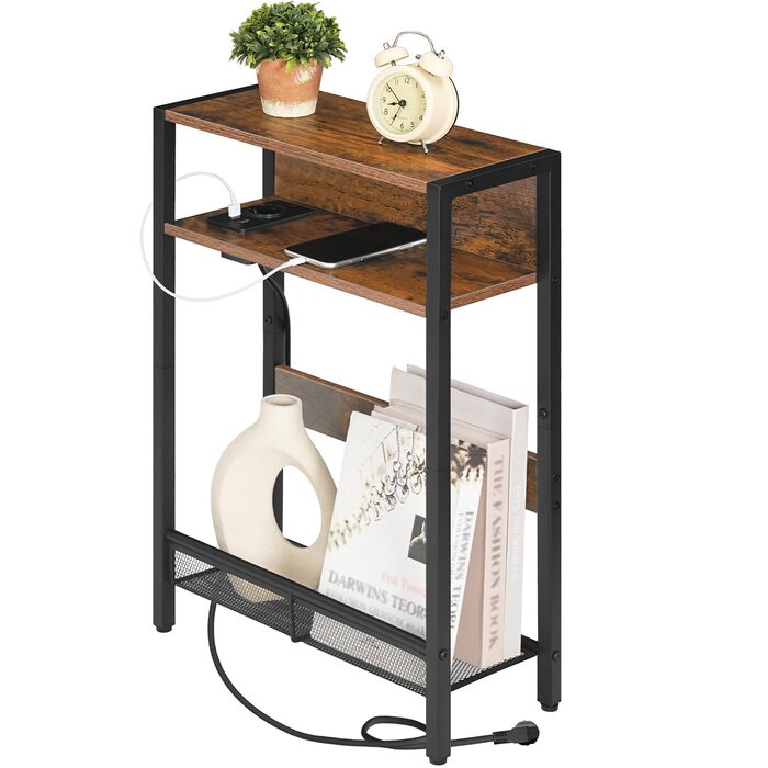 Вузький приставний столик, столик біля дивана із зарядною станцією, тумбочка з 2 дерев&39яними композитними панелями та 1 металевою полицею, для невеликих приміщень, вітальня, вінтажний коричневий та чорний DTBZ05CBF Вінтажний коричневий, чорний