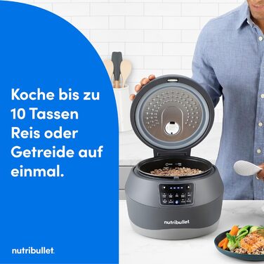 Мультифункціональна рисоварка nutribullet EveryGrain Cooker, на 10 чашок, 5 автоматичних програм, функція підігріву 12 год, з ложкою та вставкою, 600 Вт, сіра (NBRC605DG)