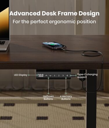 Електрична рама столу з регулюванням висоти з 2 потужними двигунами, регульована по висоті підставка з портом USB-C, функцією пам&39яті, 2 гачки, чорний колір