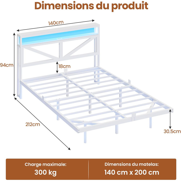 Плаваючий каркас ліжка 140x190 зі світлодіодним освітленням та зарядною станцією, Плаваючий каркас ліжка з узголів&39ям для зберігання, Металеве ліжко з металевою рейковою основою, Гостьове ліжко, Двоспальне ліжко, Дитяче ліжко - без матраца, 140 x 190 см