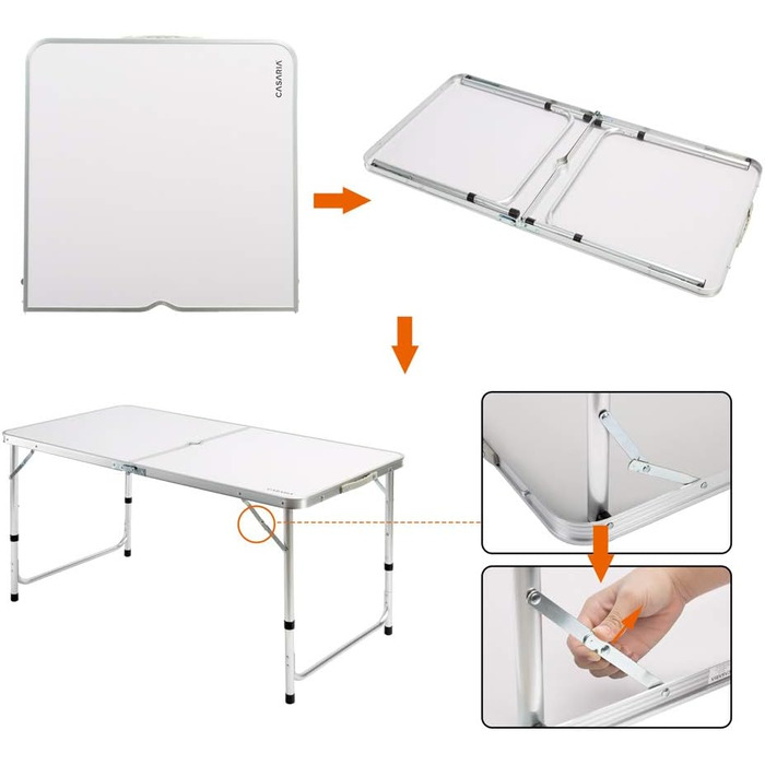 Складаний стіл CASARIA, водонепроникний, регульована висота, кемпінговий стіл зі стільцями, садовий стіл, розкладний стіл, 120x60 см, складний, легко транспортується, 4 особи, білий