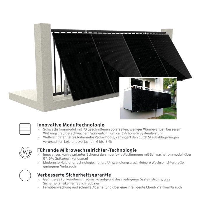 Фотоелектрична система KAISER 800 Вт для балкону, включаючи інвертор - Повний комплект сонячної системи в повністю чорному дизайні - Сонячні модулі &quotпідключи та працюй&quot - включаючи аксесуари та кабель 7 м - Керування через застосунок