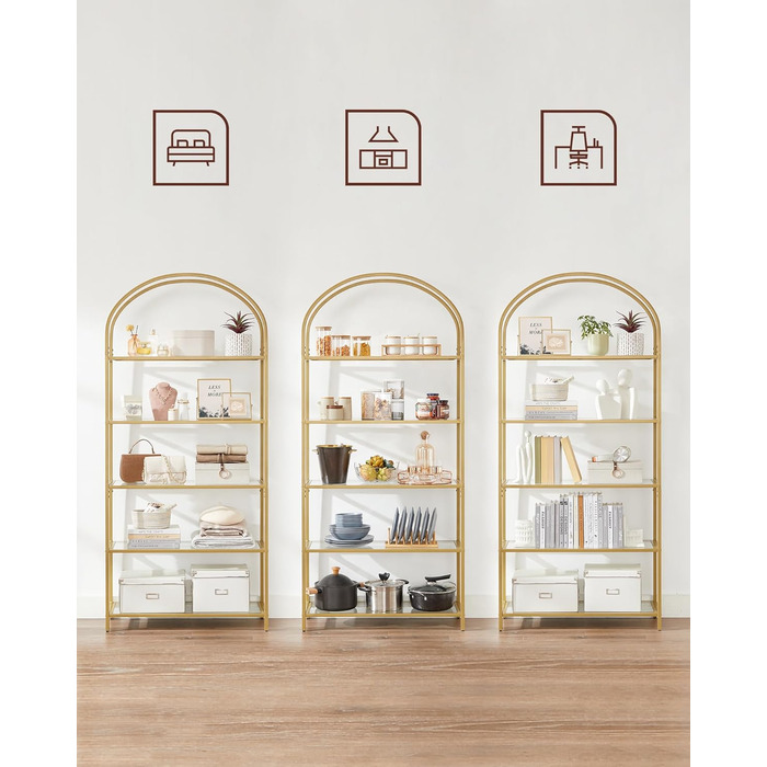 Полиця VASAGLE, 5-ярусна книжкова полиця, окремостояча полиця із загартованого скла, арочна полиця для зберігання, металевий каркас, для вітальні, спальні, кабінету, ванної кімнати, золотисто-прозора LGT050A01 30,2 x 83 x 183,5 см Золотий прозорий
