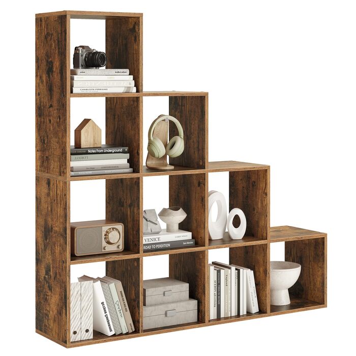 Відкрита книжкова полиця з 10 відділеннями, багаторівнева полиця, система зберігання для декору, фотографій, рослин, вітальня, спальня, кабінет, 29 x 129,5 x 129,5 см, вінтажний коричневий LBC10BX