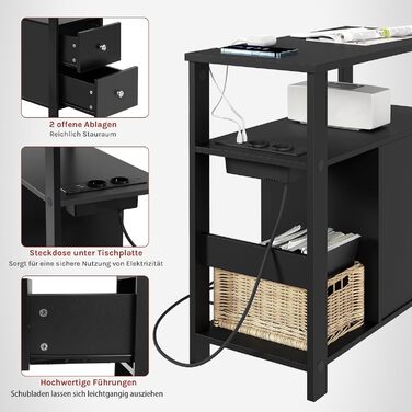 Журнальний столик WOLTU з розеткою, тумбочка з функцією заряджання, вузький диван-столик, з 2 шухлядами, 2 полицями, 1 відділенням, для вітальні/спальні, 60x60x30 см, чорний, BTS28sz
