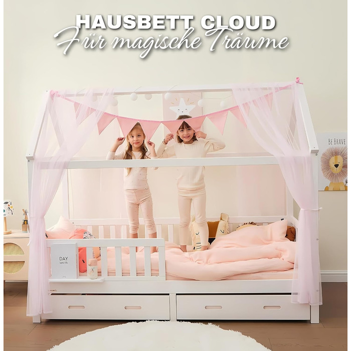 Ліжко для дому 90x200 з шухлядою, матрацом та набором 4-TLG DEKO рожевого кольору, вкл. захист від падіння книжкової полиці та рей