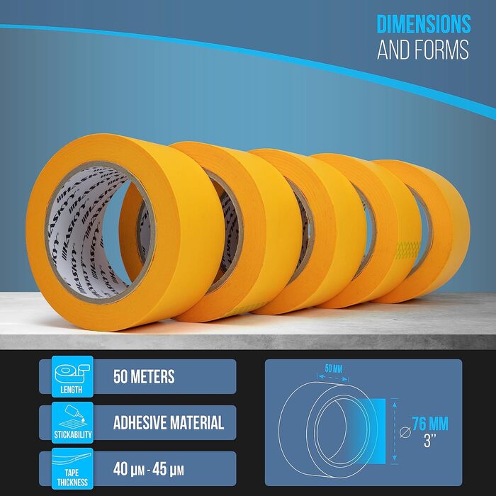 Малярська стрічка HASKYY Goldband 5 шт. малярська стрічка 50 мм x 50 м професійна малярська стрічка малярська стрічка клейка стрічка васі-стрічка золота паперова стрічка самоклейка