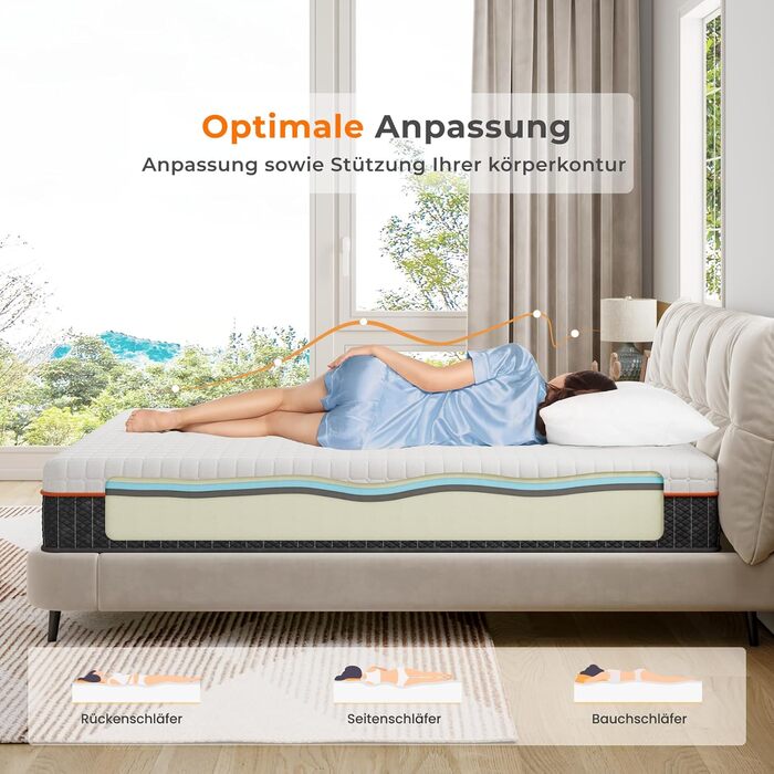 Ергономічний матрац Vesgantti з холодної піни, 7-зонний, середньої жорсткості, сертифікований Oeko-Tex з дихаючим чохлом (висота 26 см, 140 x 200 см) Висота 26 см, 140 x 200 см