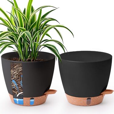 Набір з 2 предметів T4U, самополивний квітковий горщик 20 см з глибоким резервуаром для води, для зелених рослин, великий квітковий горщик для приміщень та вулиці, також підходить як велике кашпо для вулиці, чорний, 20 см